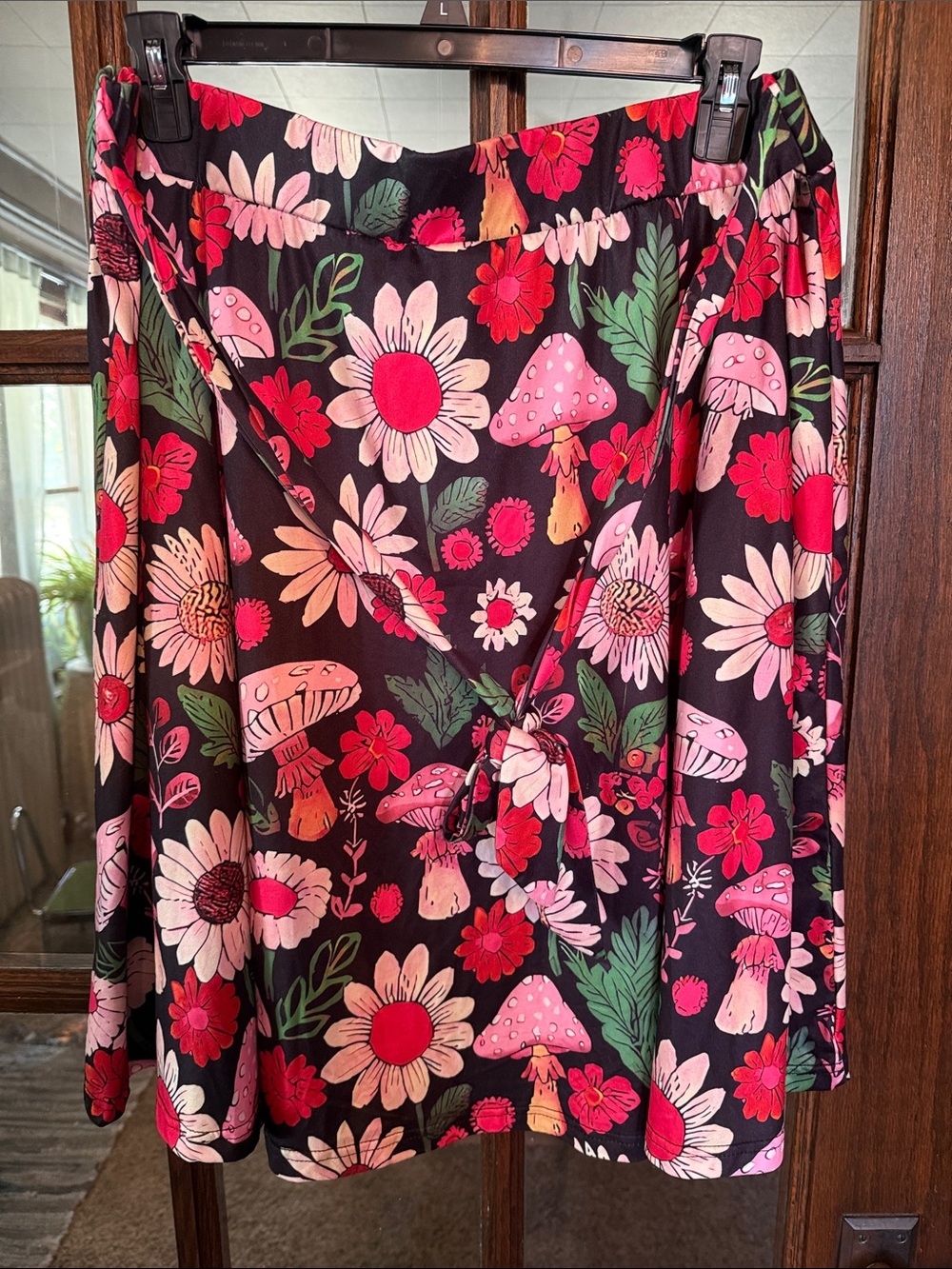 SHEIN Black Mini Wrap Skirt with Pink & Green Floral Mushroom Print